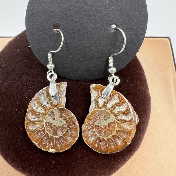 Natural Ammonite Fossil Gesmtone Silver Earrings Handmade Lightweight - Picture 1 of 5